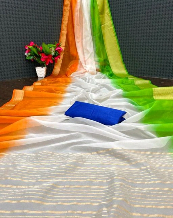 MAXICO Trendy Independence Day Special Organza Tiranga Print Saree With Art Silk Blouse Piece - Blue, Free Size, Silk