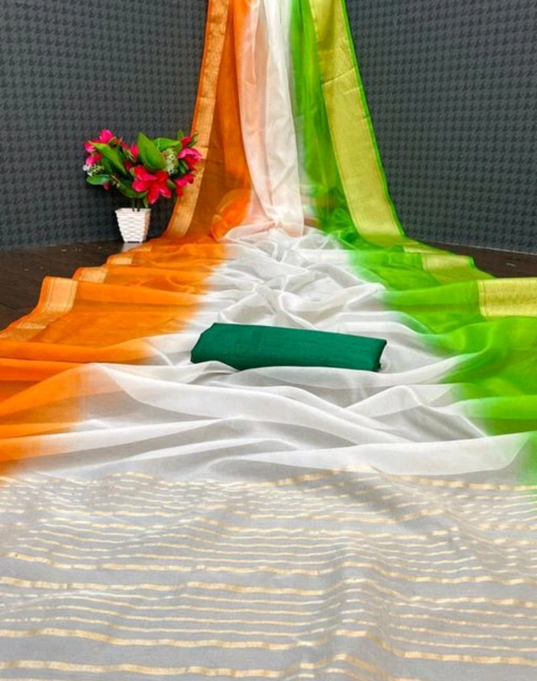 MAXICO Trendy Independence Day Special Organza Tiranga Print Saree With Art Silk Blouse Piece - Green, Free Size, Silk