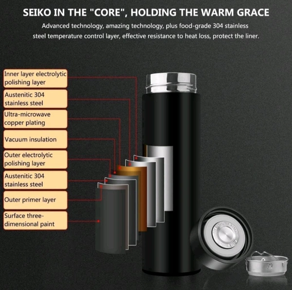 MAXICO  Stainless Steel New Intelligent Thermal Insulation Cup Smart Mug with Led Temperature 500 ML | Touch Display, 304 Ss Body | Warm, Hot & Cold | Leak Proof, Travel Mug, Insulated Bottle, Thermos - Black, 500ml, Stainless Steel