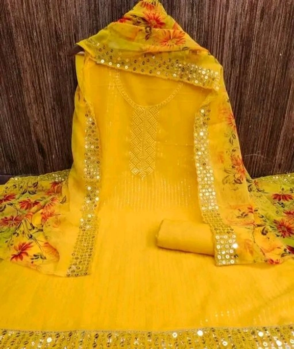 Georgette  Bliss Flair Yellow Georgette Sequence Work Dress Material (Unstiched) - Yellow Orange, Unstitched