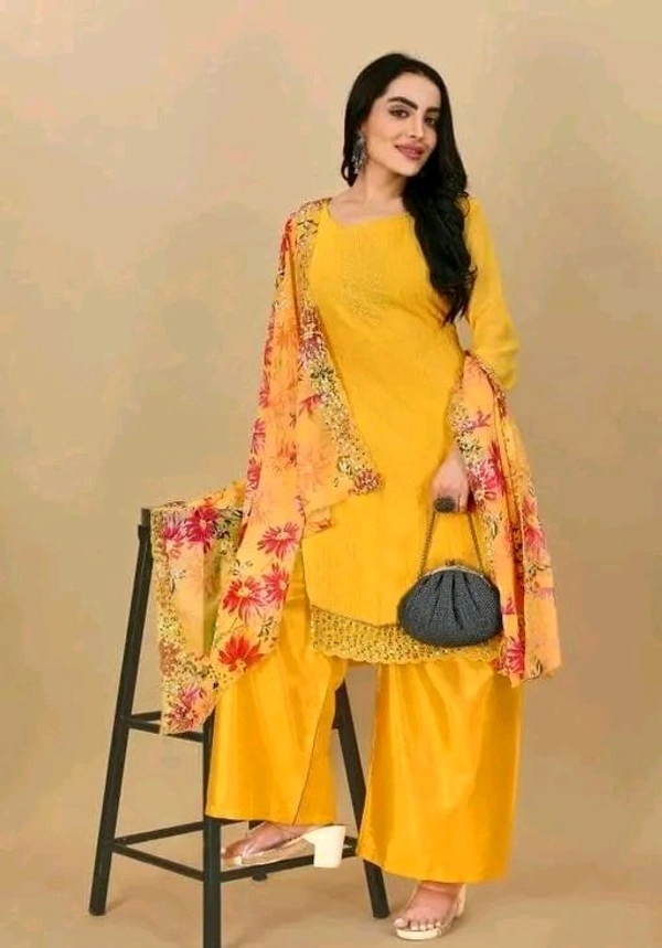 Georgette  Bliss Flair Yellow Georgette Sequence Work Dress Material (Unstiched) - Yellow Orange, Unstitched
