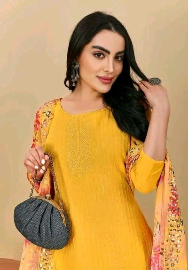 Georgette  Bliss Flair Yellow Georgette Sequence Work Dress Material (Unstiched) - Yellow Orange, Unstitched
