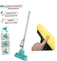 Floor Cleaning Squeeze Mop with Adjustable Telescopic Handle Squeegee Absorber Sponge Cleaner for Home Kitchen Bathroom - Black, Free Size