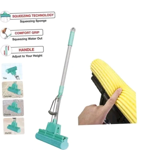 Floor Cleaning Squeeze Mop with Adjustable Telescopic Handle Squeegee Absorber Sponge Cleaner for Home Kitchen Bathroom - Black, Free Size
