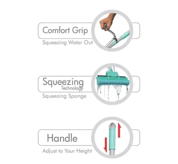 Floor Cleaning Squeeze Mop with Adjustable Telescopic Handle Squeegee Absorber Sponge Cleaner for Home Kitchen Bathroom - Black, Free Size