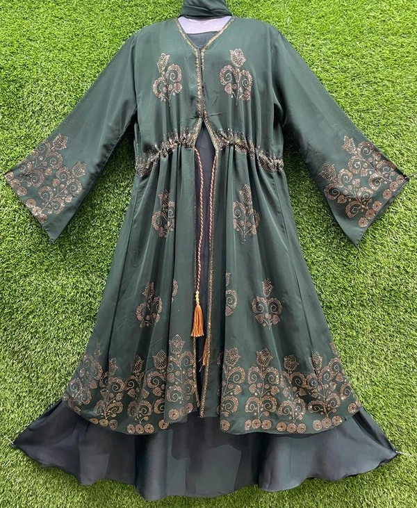 AM FASHION RAMA GREEN DOUBLE LAYER WITH GOLDEN STONE WORK ABAYA - 54-56, RAMA GREEN