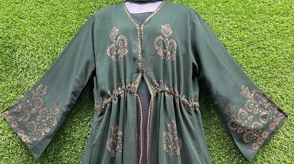 AM FASHION RAMA GREEN DOUBLE LAYER WITH GOLDEN STONE WORK ABAYA - 54-56, RAMA GREEN