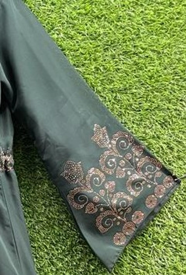 AM FASHION RAMA GREEN DOUBLE LAYER WITH GOLDEN STONE WORK ABAYA - 54-56, RAMA GREEN