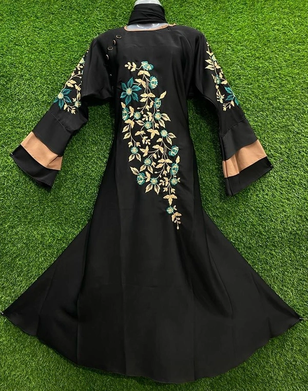 AM FASHION NIDA EMBROIDERY WITH STONE WORK ABAYA 3 LAYER CONTRAST COLOUR SLEEVE - 54-56, BLACK