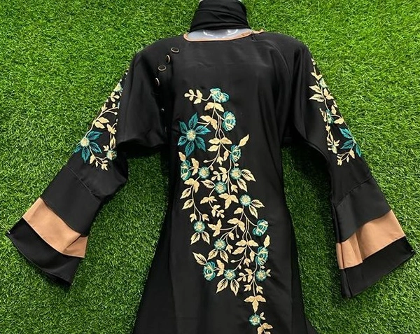 AM FASHION NIDA EMBROIDERY WITH STONE WORK ABAYA 3 LAYER CONTRAST COLOUR SLEEVE - 54-56, BLACK