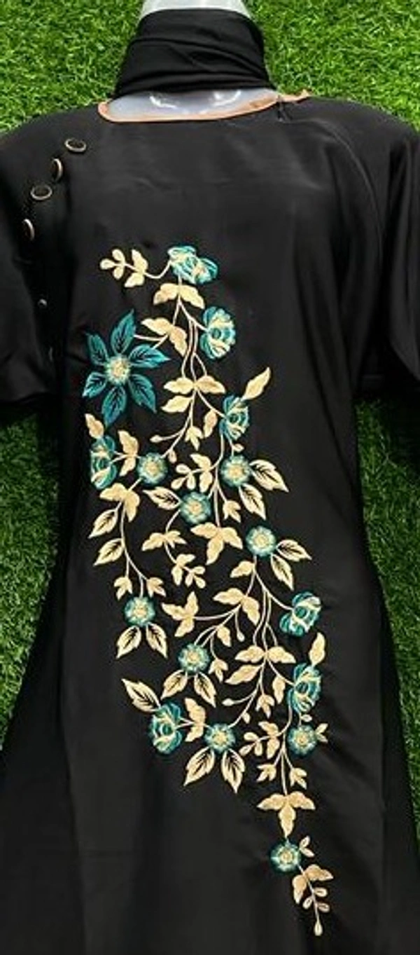 AM FASHION NIDA EMBROIDERY WITH STONE WORK ABAYA 3 LAYER CONTRAST COLOUR SLEEVE - 54-56, BLACK