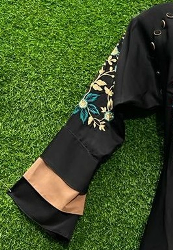 AM FASHION NIDA EMBROIDERY WITH STONE WORK ABAYA 3 LAYER CONTRAST COLOUR SLEEVE - 54-56, BLACK
