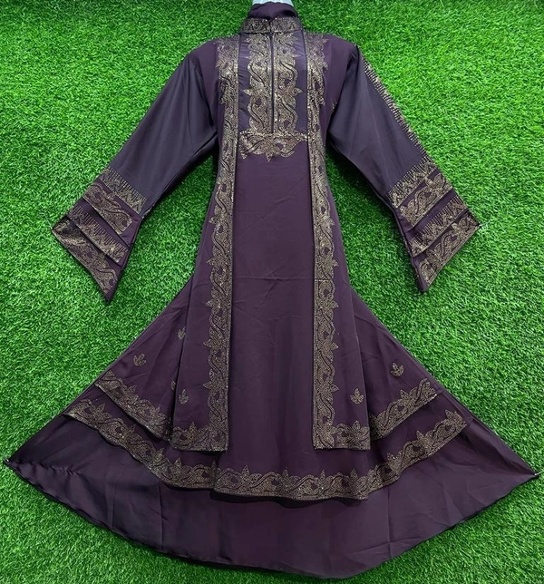 AM FASHION SHERVINE STYLE ABAYA WITH GOLDEN STONE WORK 3 LAYER SLEEVE - 54-56, WINE