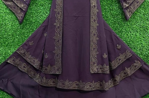 AM FASHION SHERVINE STYLE ABAYA WITH GOLDEN STONE WORK 3 LAYER SLEEVE - 54-56, WINE