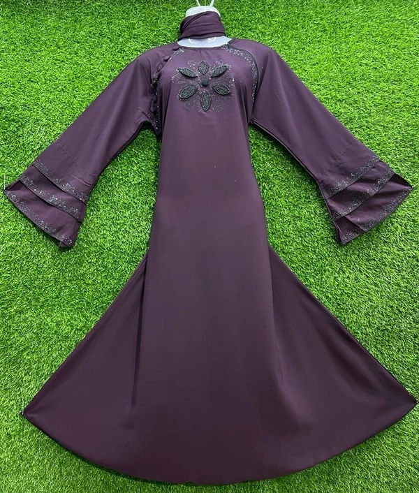 AM FASHION FIRDOUSE FABRIC HAND WORK ABAYA - 54-56, WINE