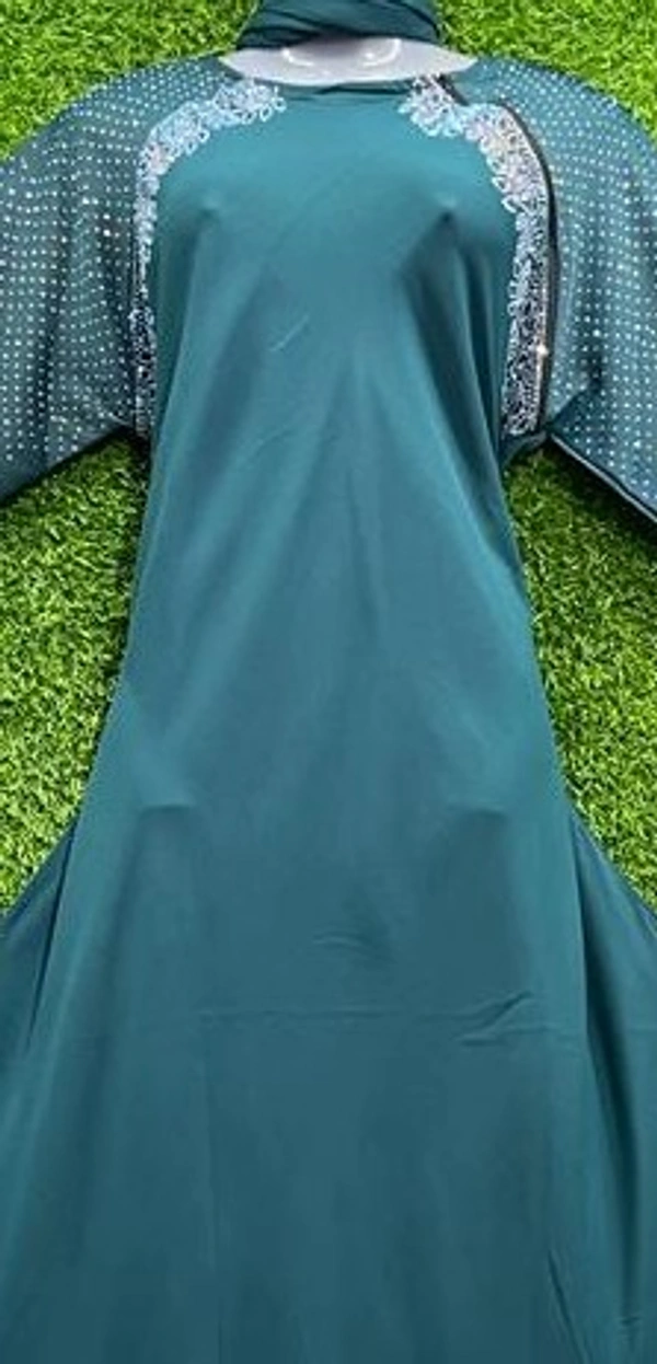 AM FASHION RAMA GREEN NIDA FABRIC WITH RAINBOW STONE WORK ABAYA - FREE, RAMA GREEN