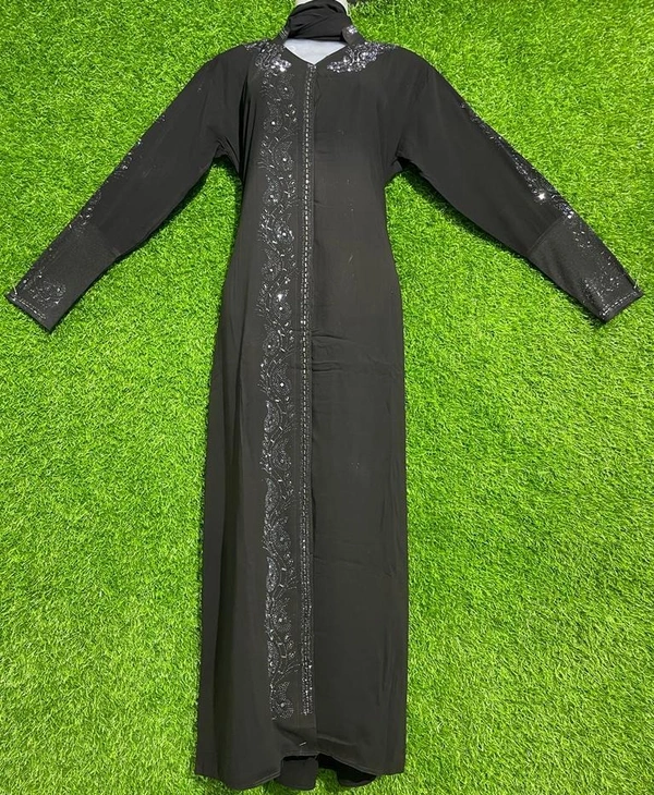 AM FASHION FIRDOUSE FABRIC FRONT OPEN ABAYA WITH GOLDEN STONE WORK - FREE, BLACK