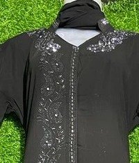 AM FASHION FIRDOUSE FABRIC FRONT OPEN ABAYA WITH GOLDEN STONE WORK - FREE, BLACK