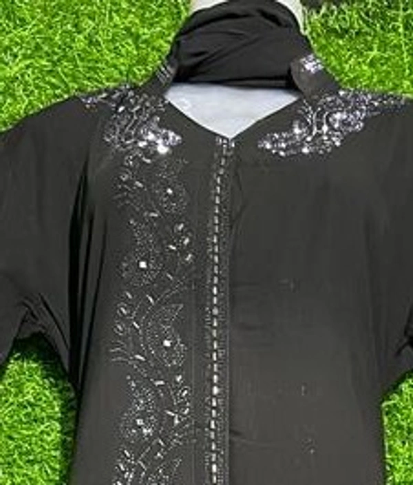 AM FASHION FIRDOUSE FABRIC FRONT OPEN ABAYA WITH GOLDEN STONE WORK - FREE, BLACK