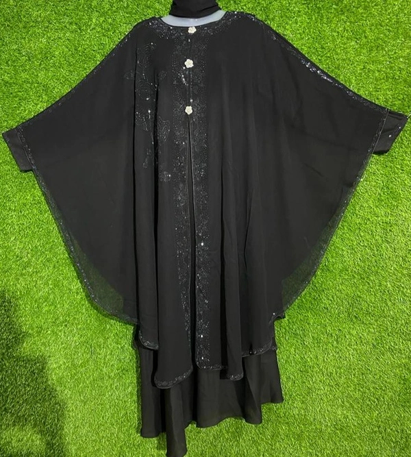 AM FASHION NIDA DOUBLE LAYER FARASHA WITH GREY STONE WORK  - FREE, BLACK
