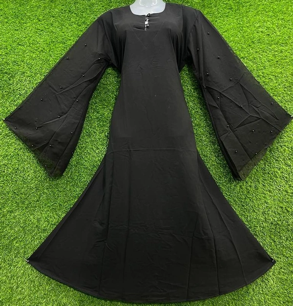 AM FASHION NIDA ABAYA PEARLS WORK ON SLEEVES - FREE, BLACK