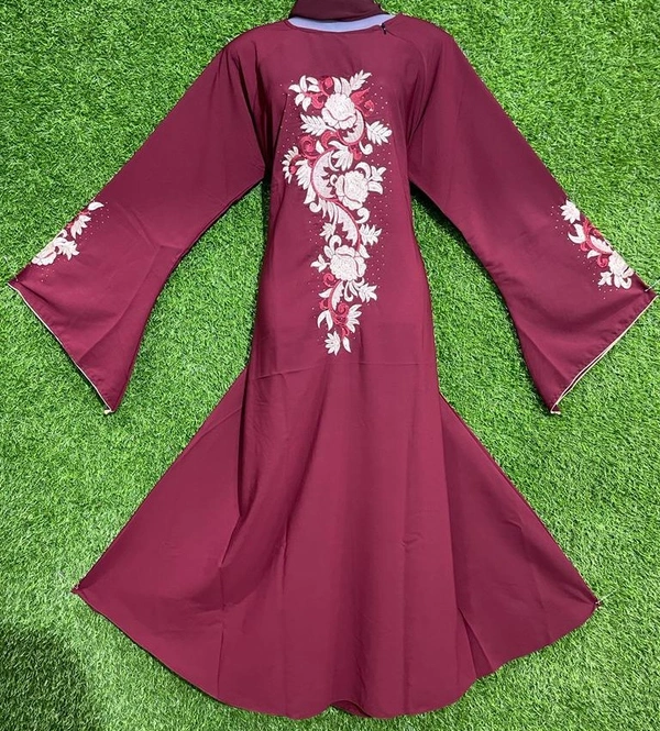 AM FASHION MAROON FIRDOUSE FABRIC ABAYA WITH EMBROIDERY - FREE, MAROON