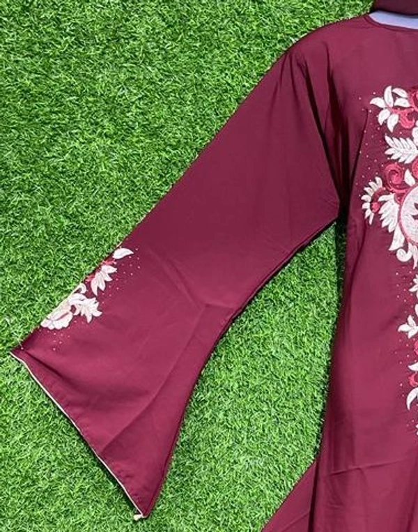 AM FASHION MAROON FIRDOUSE FABRIC ABAYA WITH EMBROIDERY - FREE, MAROON