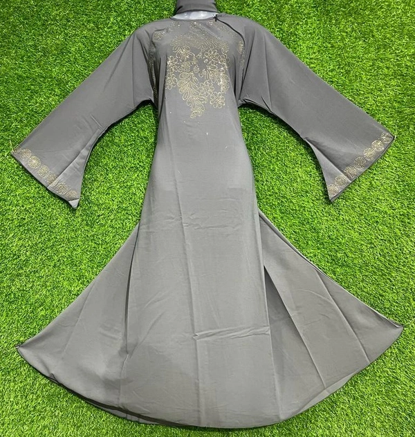 AM FASHION FIRDOUSE COLURE FABRIC WITH GOLDEN STONE WORK ABAYA - FREE, GREY