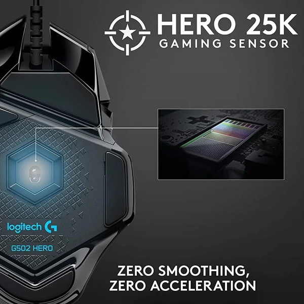 ‎Logitech G Logitech G502 Hero High Performance Wired Gaming Mouse, Hero 25K Sensor, 25,600 DPI, RGB, Adjustable Weights, 11 Programmable Buttons, On-Board Memory, PC/Mac - Black - Black