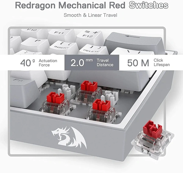‎Redragon Redragon K617 Fizz 60% Wired RGB Gaming Keyboard, 61 Keys Compact Mechanical Keyboard w/White and Grey Color Keycaps, Linear Red Switch, Pro Driver/Software Supported - Gray and White, ‎31 x 13.5 x 4