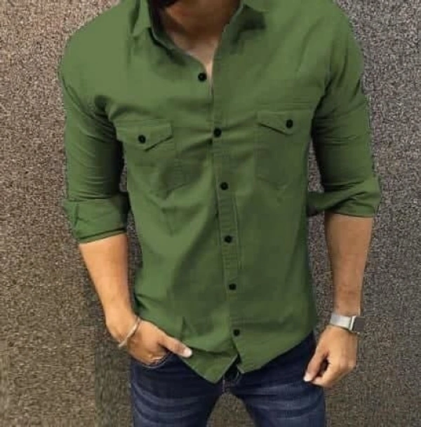 MAN SOLID FULL SLEEVES CASUAL SHIRTS  - DARK GREEN, L