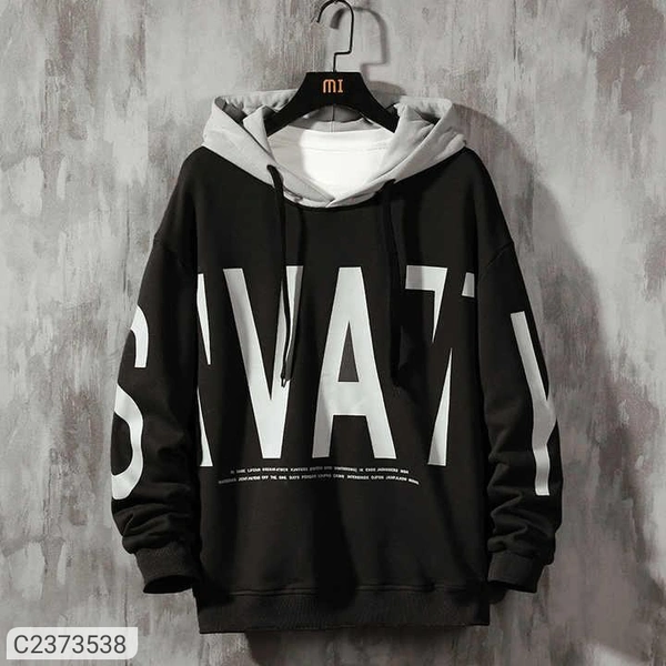 Fleece Full Sleeves Printed Mens Hoodie - Black, M
