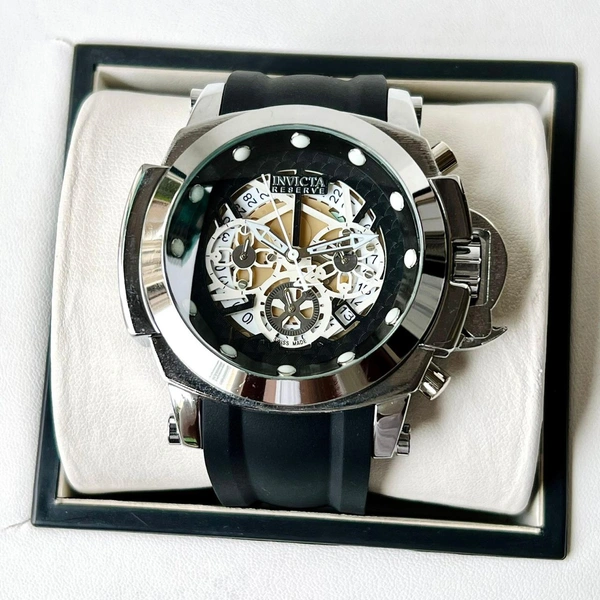 INVICTA BEST HIGH QUALITY SILVER CASE BLACK DIAL BLACK FIBER BELT ALL WORKING FOR HIM