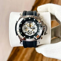 INVICTA BEST HIGH QUALITY SILVER CASE BLACK DIAL BLACK FIBER BELT ALL WORKING FOR HIM
