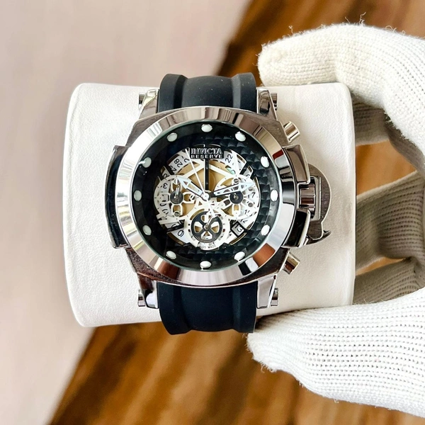 INVICTA BEST HIGH QUALITY SILVER CASE BLACK DIAL BLACK FIBER BELT ALL WORKING FOR HIM