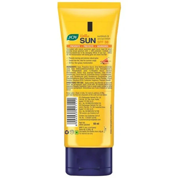 Joy Hello Sun Sunblock & Anti-tTan Lotion - SPF30, 60 ml 