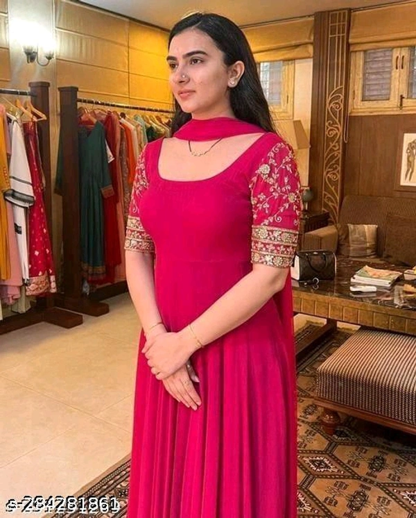 Embroidered Georgette  Dress Designer Pink Party Wear With Dupatta - M L XL XXL XXXL