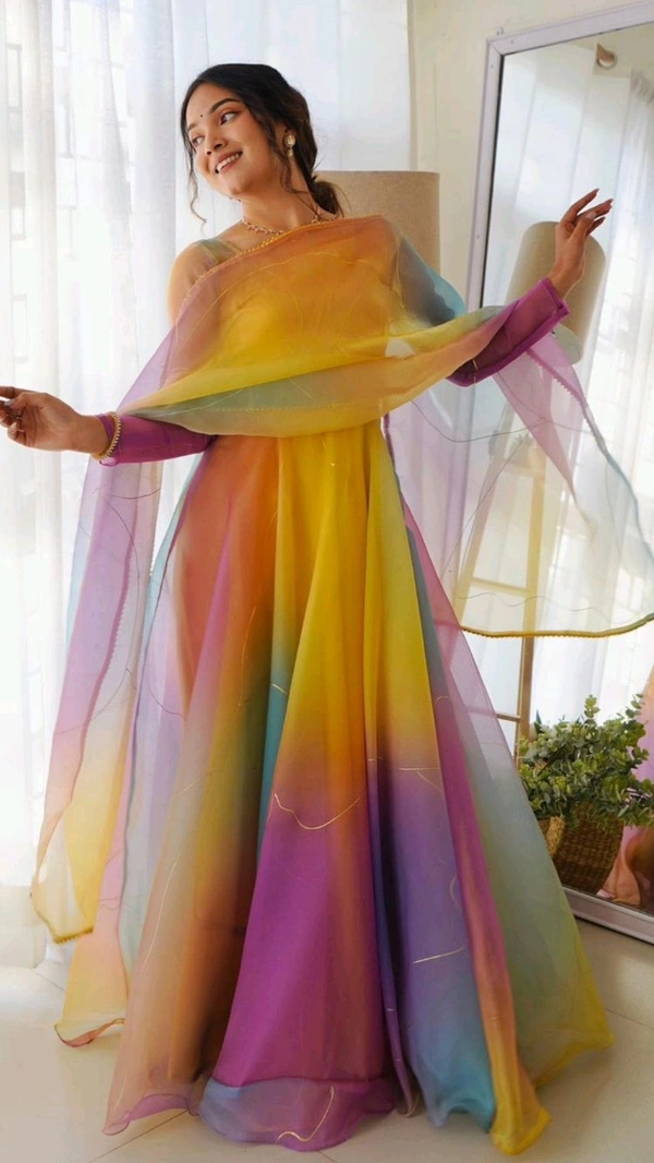 Presenting By New Party Wear Look Organza Taby Silk Gown With Dupatta  - XL