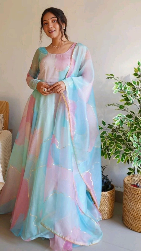 Presenting By New Party Wear Look Organza Taby Silk Gown With Dupatta  - XL