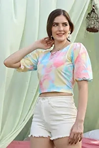 GRECIILOOKS Women's Tie-Dye Puff Sleeve Tops for Women | Summer Wear Ruffle Tops for Women Crop - S