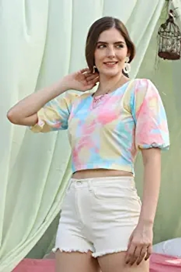 GRECIILOOKS Women's Tie-Dye Puff Sleeve Tops for Women | Summer Wear Ruffle Tops for Women Crop - S