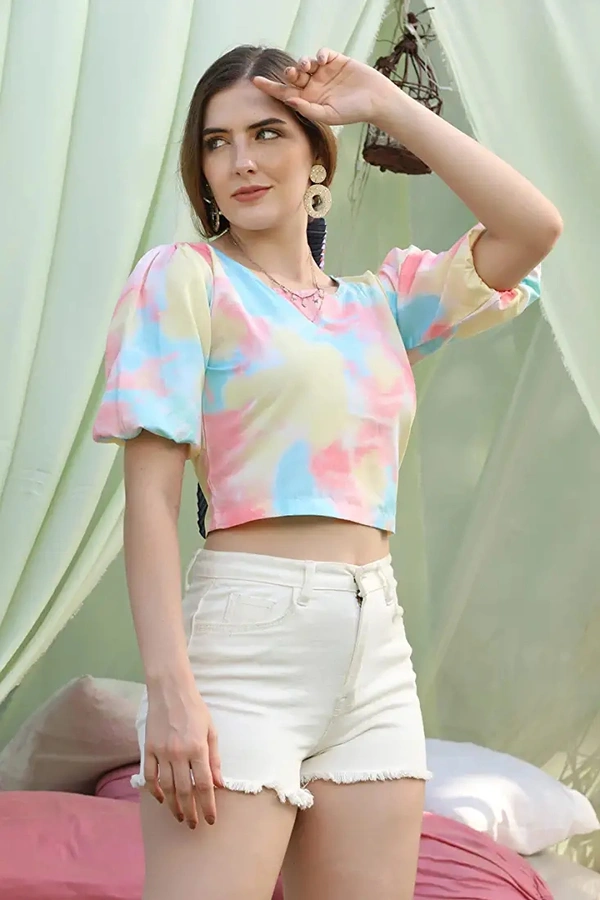 GRECIILOOKS Women's Tie-Dye Puff Sleeve Tops for Women | Summer Wear Ruffle Tops for Women Crop - Xxl