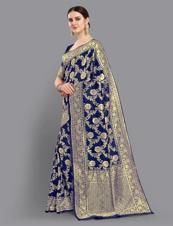 Women Banarasi Silk Blend Saree - Navy Blue