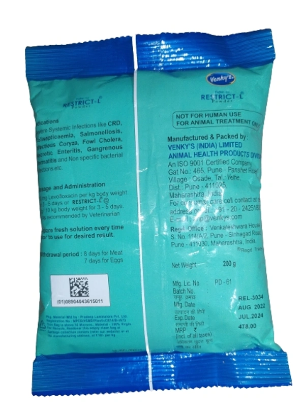 Levofloxacin Water Soluble Powder 10% w/w By Venky's [ Customer Service : +91-20-24251803 ] Restrict - L - 200 Gm, COD