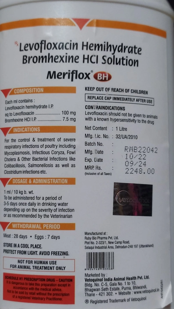 Levofloxacin Hemihydrate Bromhexine HCL Solution By Vetoquinol MERIFLOX BH - 1ltr, COD