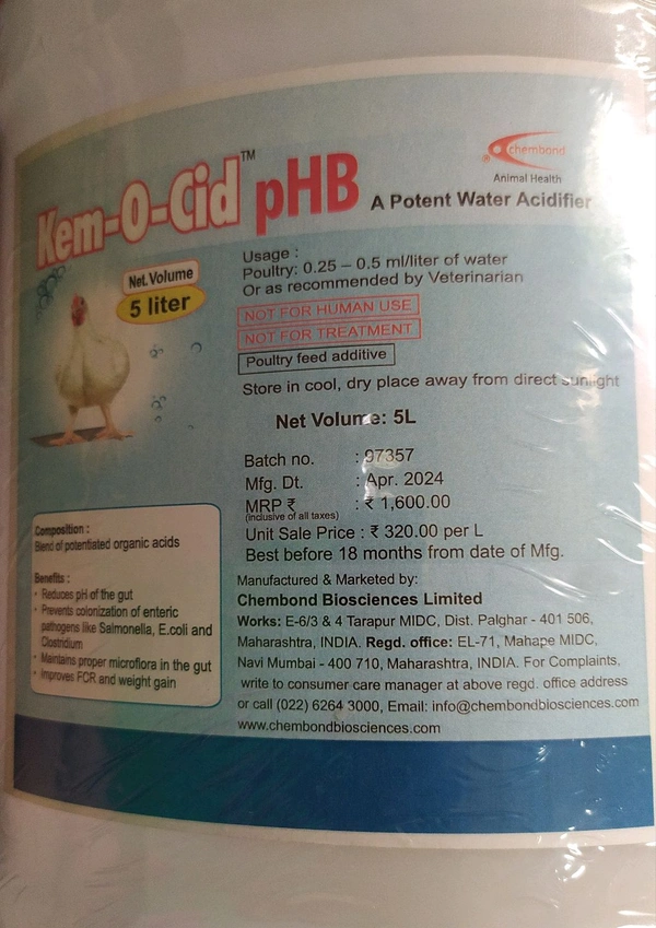 A potent Water Acidifier by Chembond Biosciences Limited  Kem-O-Cid pHB - COD, 5 Ltr