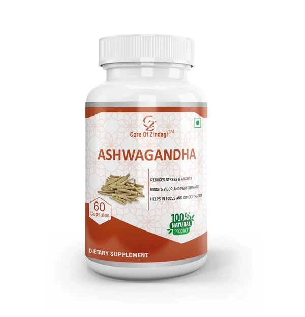 Care Of Zindagi Ashwagandha Capsules 500mg For Reduce Stress, Anxiety & Boost Performance - 60 Capsules - 60 capsules, 24 Months