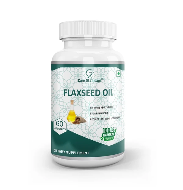 Care Of Zindagi Flaxseed Oil Capsules 1000mg  With Omega 3 6 9 | Helps In Heart problem, Brain, Joint Pain & Stiffness - 60 capsules  - 60 Capsules, 24 Months