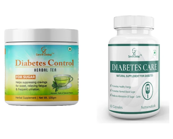 Care of Zindagi Care Of Zindagi Diabetes Care Capsules - 60 Caps & Diabetes Control Herbal Tea For Sugar Level Management - 100gm - 60 Capsules , 100gm Tea, Dec-2023, 24 Months