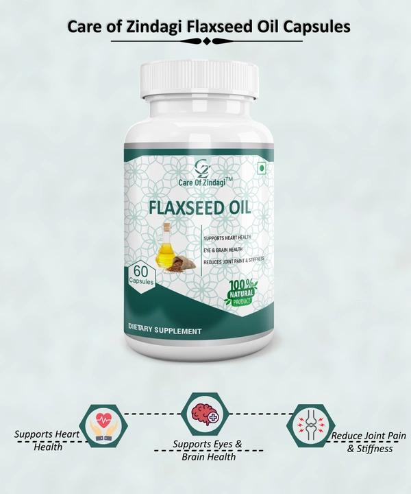 Care Of Zindagi Flaxseed Oil Capsules 1000mg  With Omega 3 6 9 | Helps In Heart problem, Brain, Joint Pain & Stiffness - 60 capsules  - 60 Capsules, 24 Months